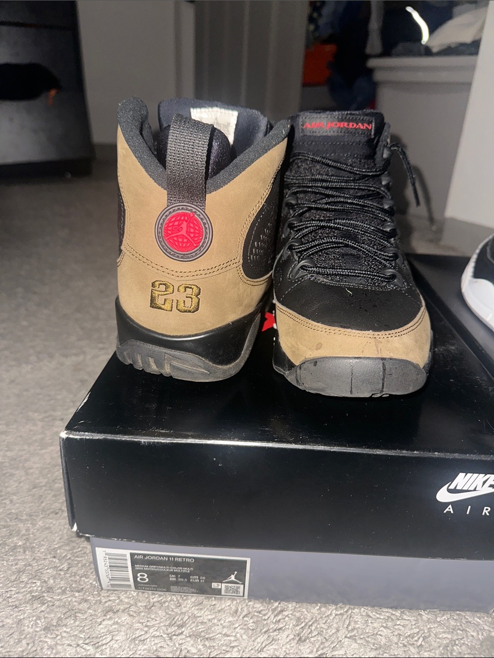 Jordan 9 Retro Men's Black and Tan with Red Accents
